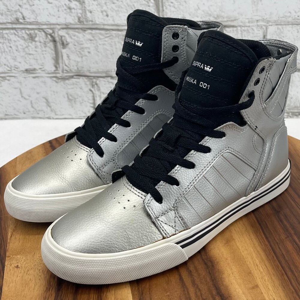 Supra Muska 001 Womens 7 Kids 5.5 Silver Black Leather Hightop Skate Shoes